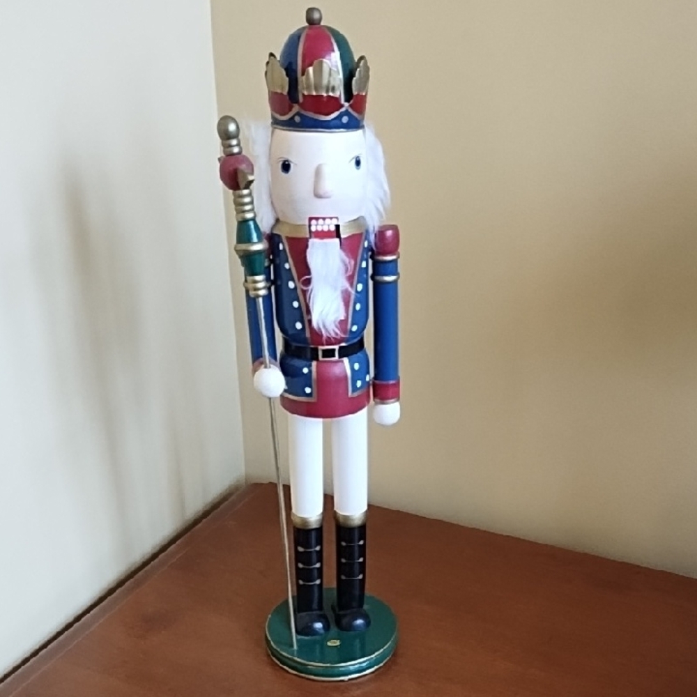 Vintage Wood Nutcracker Guard King with Scepter 19.5" Blue Red Holiday Decor